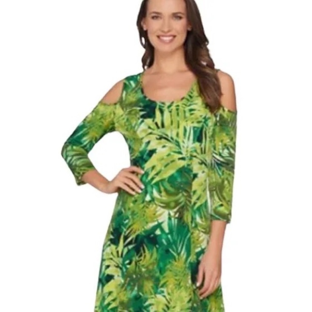 Susan Graver tropical liquid knit cold shoulder dress